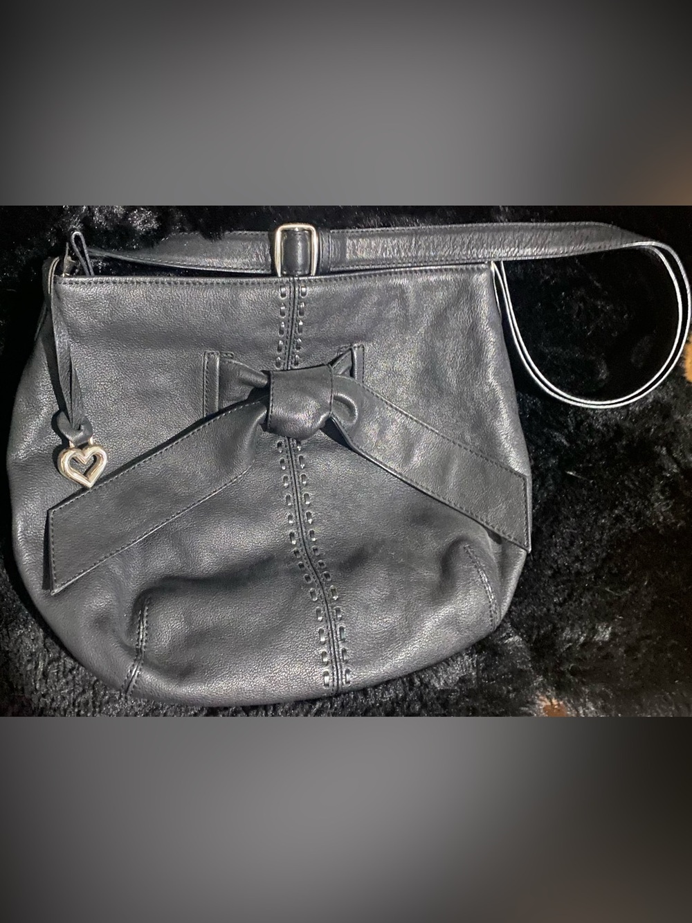 Brighton Cleo Bow Leather Medium/Large Metallic Black Shoulder Bag